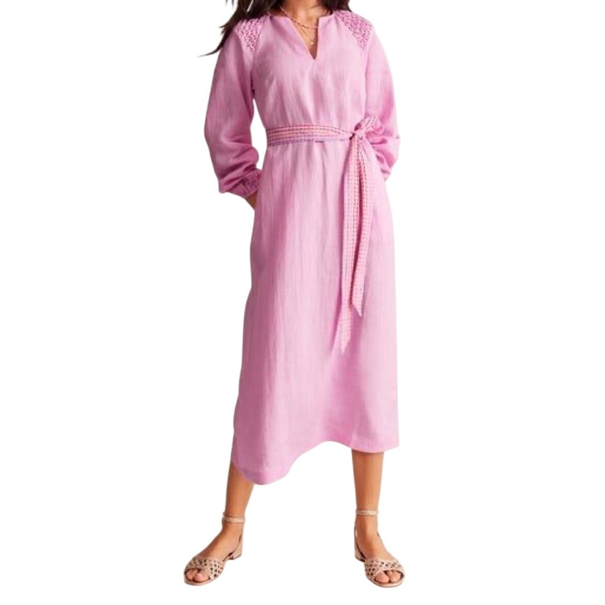 Boden Pink Linen Smocked Shoulder Midi Dress Long Sleeve Belted V-Neck Us 6